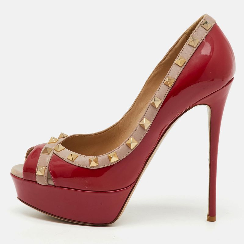 Valentino Red/Dusty Pink Patent Leather Rockstud Peep Toe Platform Pumps Size